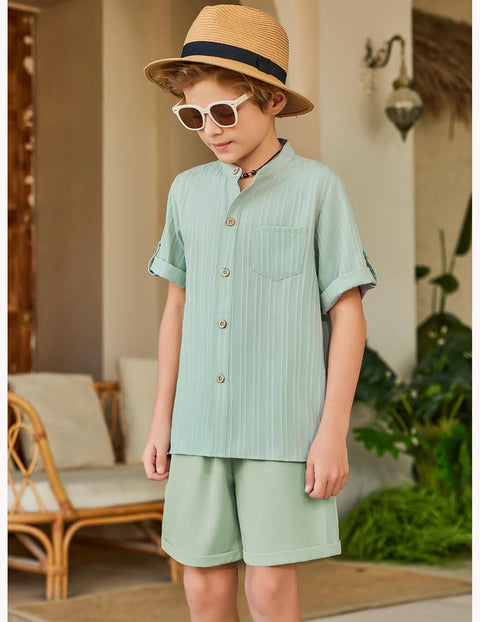 Arshiner Boy's 2 Piece Outfit Short Sleeve Textured Shirt and Short Sets