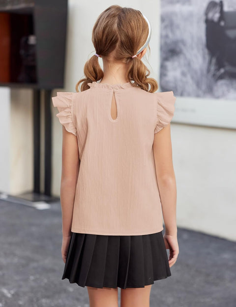 Arshiner Girls Ruffle Short Sleeve Shirts Frill Neck Pleated Blouse Tops