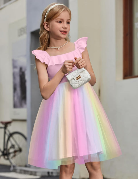 Arshiner Girls Dresses Square Neck Ruffle Sleeve Tulle Dress 6-14 Years