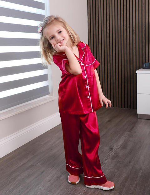 Arshiner Girls Pajamas Silk Satin Button Down Pjs 2 Piece Short Sleeve Sleepwear Set