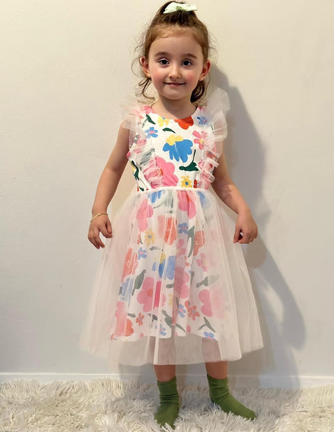 【2-8Y】Arshiner Toddler Dress Ruffle Sleeve V-Back Tie Waist Girl Dresses