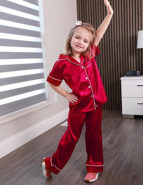 Arshiner Girls Pajamas Silk Satin Button Down Pjs 2 Piece Short Sleeve Sleepwear Set