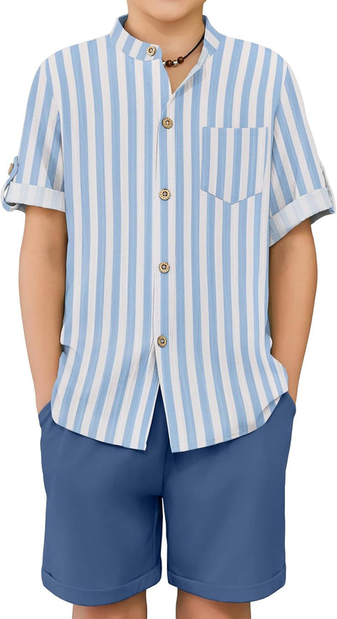 Arshiner Boy's 2 Piece Outfit Short Sleeve Textured Shirt and Short Sets