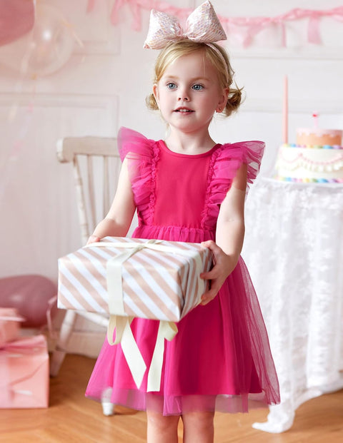 【2-8Y】Arshiner Toddler Dress Ruffle Sleeve V-Back Tie Waist Girl Dresses