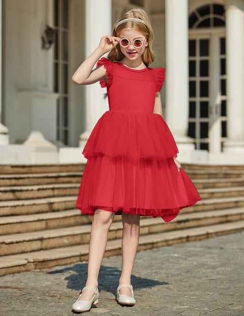 Arshiner Toddler Girls Tutu Sundress Ruffle Sleeve Double Fluffy Tiered Dresses