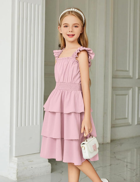 [6-14Y] Arshiner Girls Dresses Ruffle Flutter Sleeve Floral Tiered Party Dress