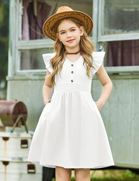 Arshiner Girls Dresses Ruffle Sleeve A-Line V-Neck Sundress