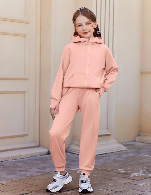 Arshiner Girls 2 Piece Outfit Drop Shoulder Zip Up Hoodies Set