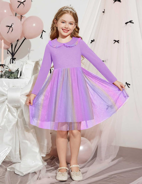 Arshiner Tutu Dress Girls Long Sleeve Peter Pan Collar Party Dresses