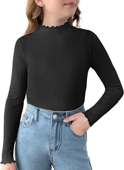 Arshiner Girls Lettuce Trim Mock Neck Ribbed Knit Tops