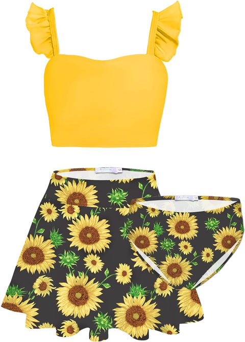 Arshiner Girls Swimsuits 3Pcs Ruffles Bathing Suits Summer Floral Printing Beach Surf Tankini Swimwear Set