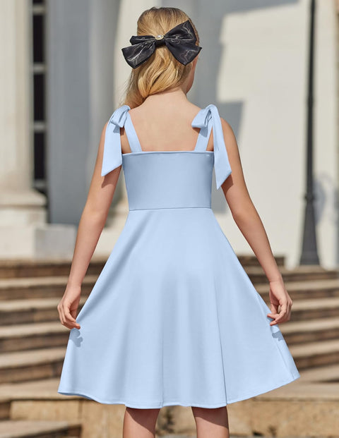 [6Y-11Y] Arshiner Girls Dress Tie Strap Solid Color Party Dresses