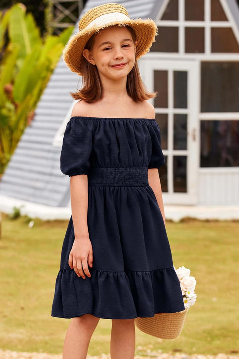 Arshiner Girls Tie Back Short Sleeve Ruffle Hem Off Shoulder Dresses