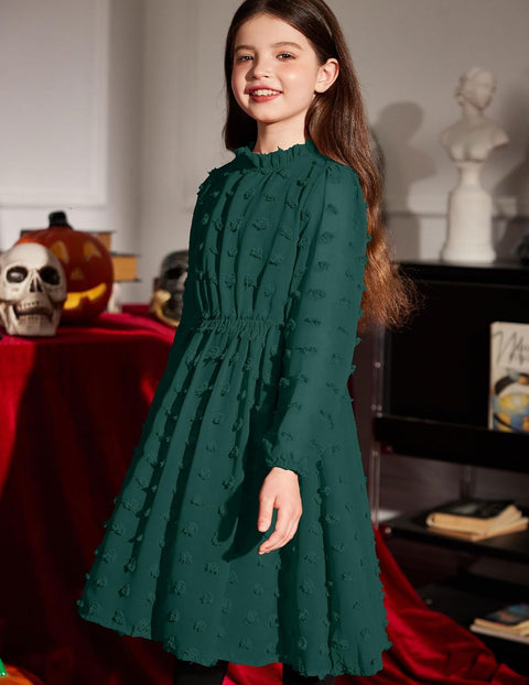 Arshiner Girls Dress Long Sleeve Swiss Dot Ruffle Collar Flowy A-Line Party Dress for Kids 5-13Y