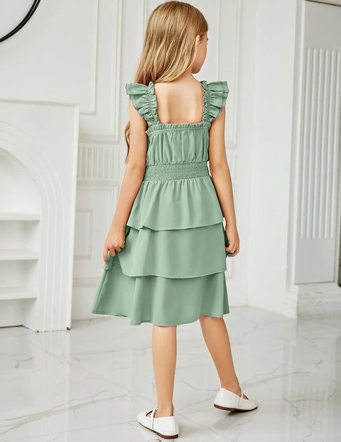[6-14Y] Arshiner Girls Dresses Ruffle Flutter Sleeve Floral Tiered Party Dress