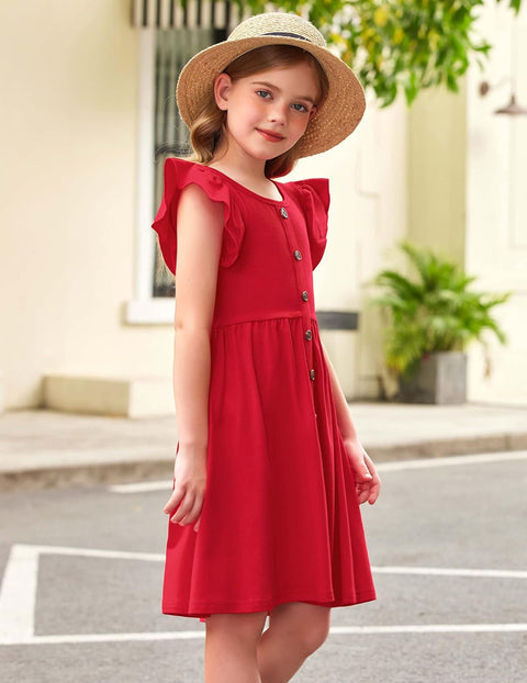 Arshiner Girls Dress Flutter Sleeve A-Line Button Down Sundress