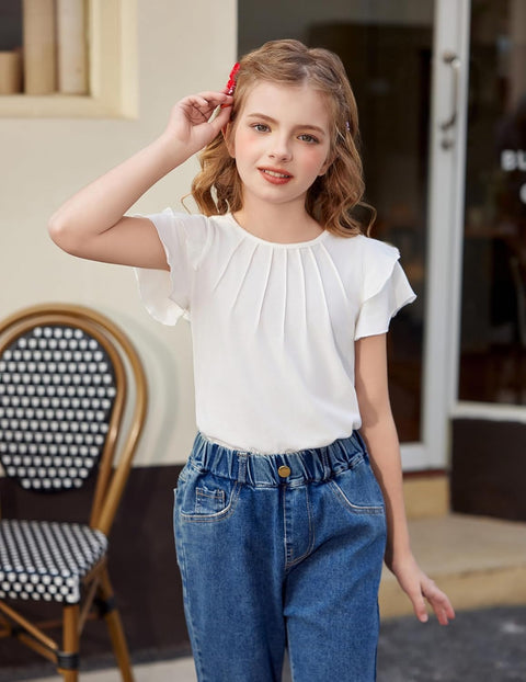 Arshiner Girls T Shirts Ruffle Short Sleeve Pleated Casual Tops