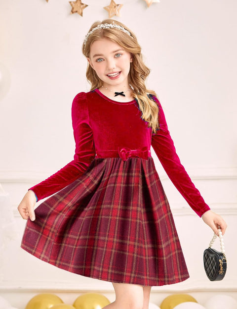 Arshiner Girls Dresses Velvet Plaid Patchwork Party Dress