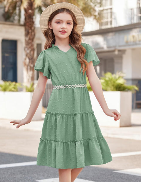 Arshiner Girls Dresses Summer Short Sleeve Swiss Dot Ruffle Tiered Formal Party Dress with Pockets
