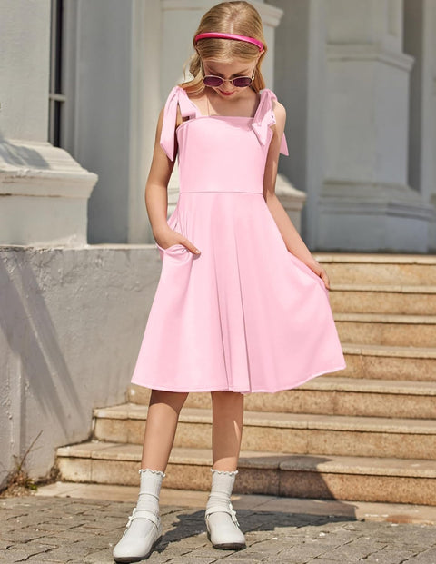 [6Y-11Y] Arshiner Girls Dress Tie Strap Solid Color Party Dresses