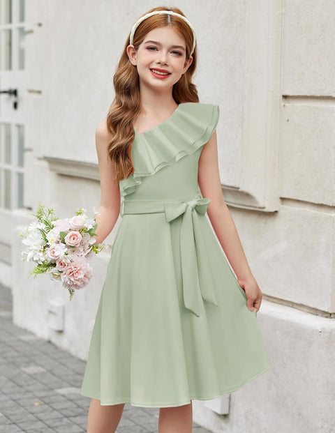 [5Y-12Y] Arshiner Girls Dress One Shoulder Formal Ruffle Trim Party Dresses