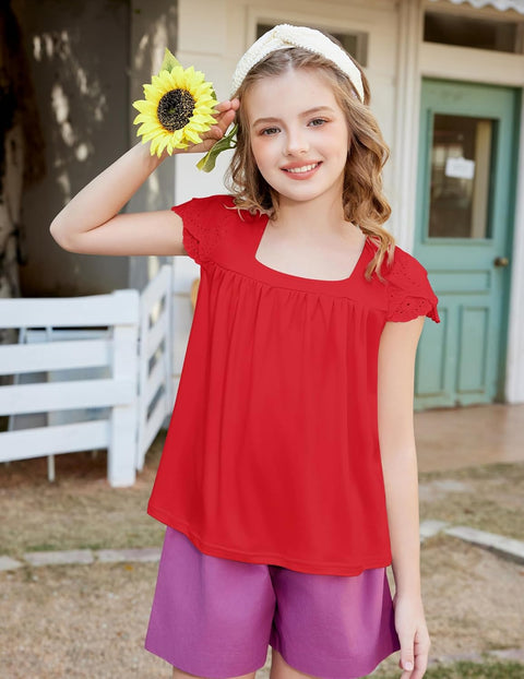 Arshiner Girls Shirts Short Sleeve Square Neck Lace Pleated Tops Blouse Tunic