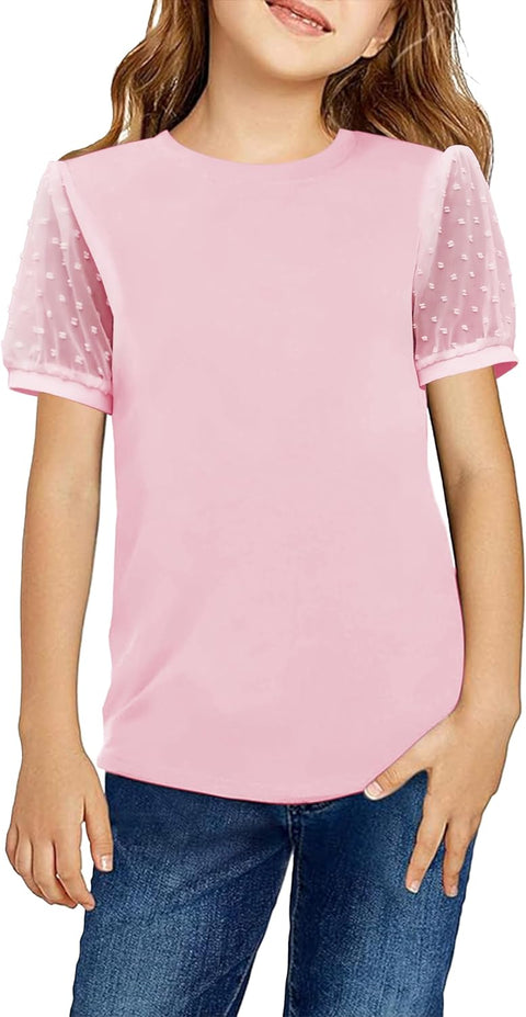 Arshiner Girls Shirt Swiss Dots Texture Sheer Puff Sleeves Loose Crewneck Summer Blouse Tee Tops