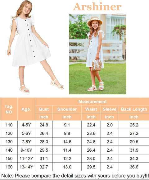 Arshiner Girls Dress Flutter Sleeve A-Line Button Down Sundress