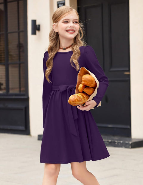 Arshiner Girls Dresses Puff Long Sleeve Formal Belted Dress