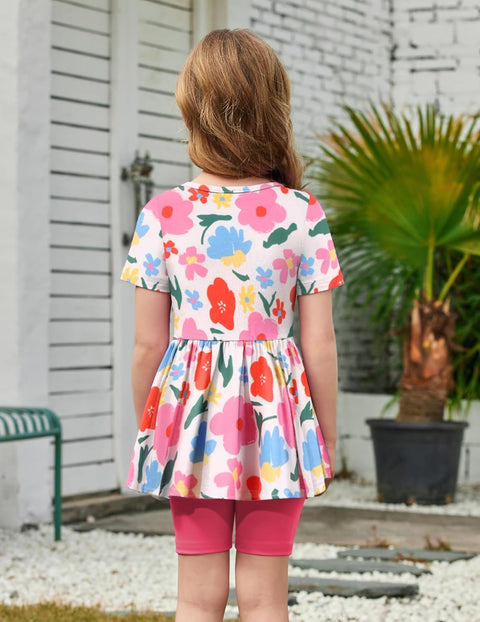 Arshiner Girls Summer Outfits Short Sleeve Ruffle Hem Top and Biker Shorts Set Girl Clothes 6-14 Years