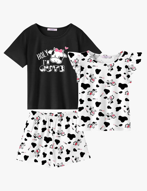 [4Y-12Y] Arshiner Girls Pajamas Set Short Sleeve Pjs 3PCS Lounge Sets