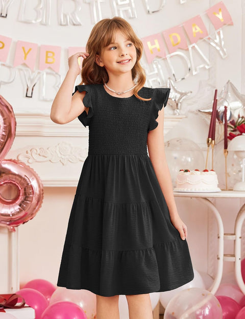 Arshiner Girls Dress Ruffle Sleeve Smocked Tiered Sundress