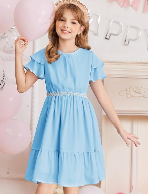 Arshiner Girls Dresses Formal Ruffle Sleeve Chiffon Pleated Dress