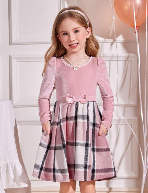 Arshiner Girls Dresses Velvet Plaid Patchwork Party Dress