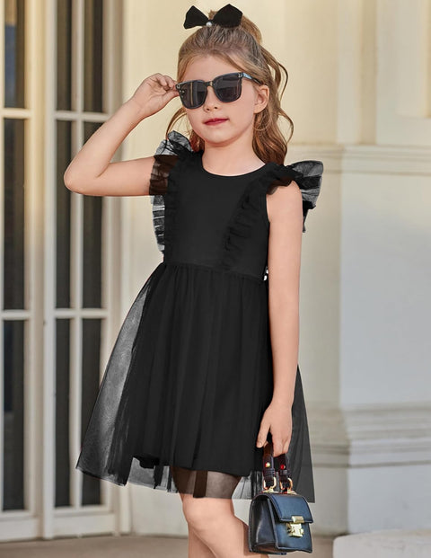 【2-8Y】Arshiner Toddler Dress Ruffle Sleeve V-Back Tie Waist Girl Dresses