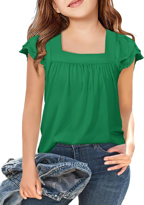 Arshiner Girls Shirts Short Sleeve Square Neck Lace Pleated Tops Blouse Tunic