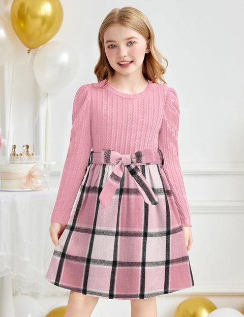 Arshiner Girls Dresses Puff Long Sleeve Rib Knit Plaid Belted Dress