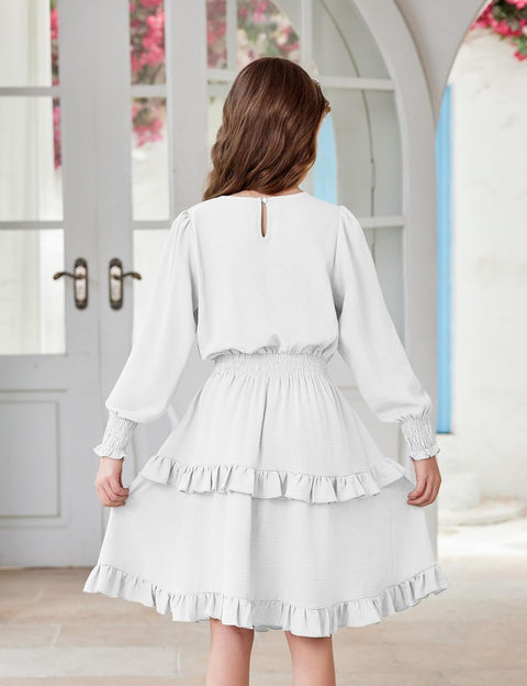 Arshiner Girls Long Sleeve Dress Boho Tiered Ruffle Hem Smocked Waist Midi Dress