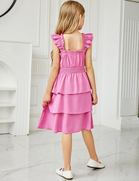 [6-14Y] Arshiner Girls Dresses Ruffle Flutter Sleeve Floral Tiered Party Dress