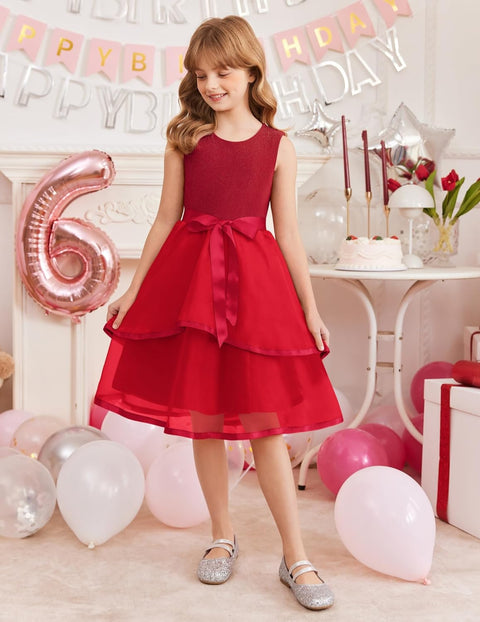 Arshiner Girls Dress Formal Party Fluffy Tulle Sleeveless Belted Dresses 3-11Y