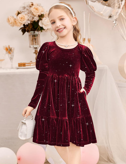 Arshiner Toddler Velvet Dress Girls Puff Party Ruffle Dresses