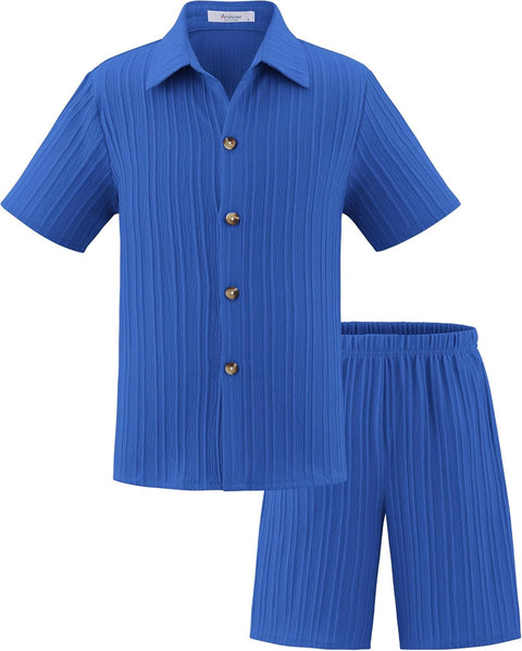 [5Y-12Y] Arshiner Boy's Textured Button Up Shirt and Shorts Set