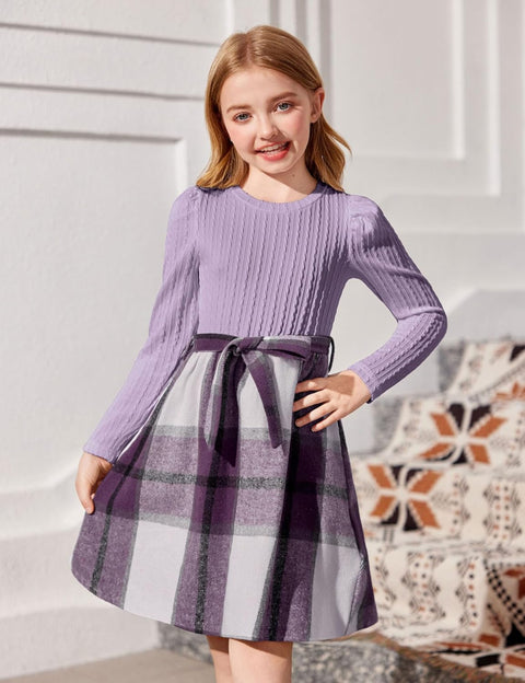 Arshiner Girls Dresses Puff Long Sleeve Rib Knit Plaid Belted Dress
