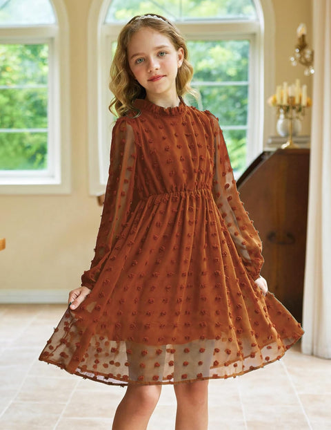 Arshiner Girls Dress Long Sleeve Swiss Dot Ruffle Collar Flowy A-Line Party Dress for Kids 5-13Y