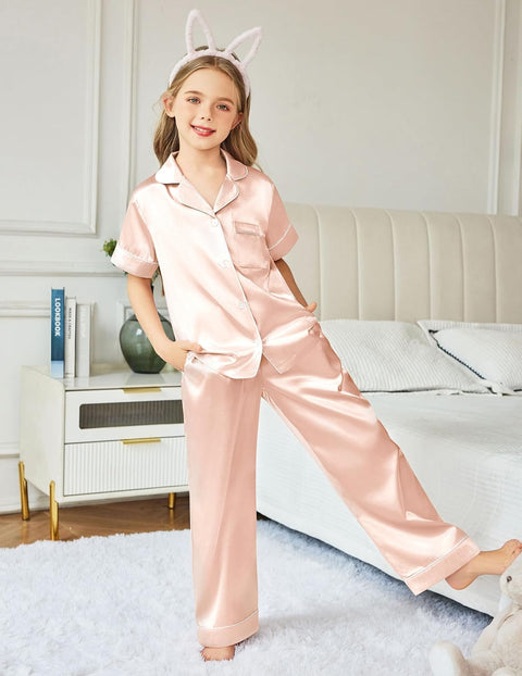 Arshiner Girls Pajamas Silk Satin Button Down Pjs 2 Piece Short Sleeve Sleepwear Set