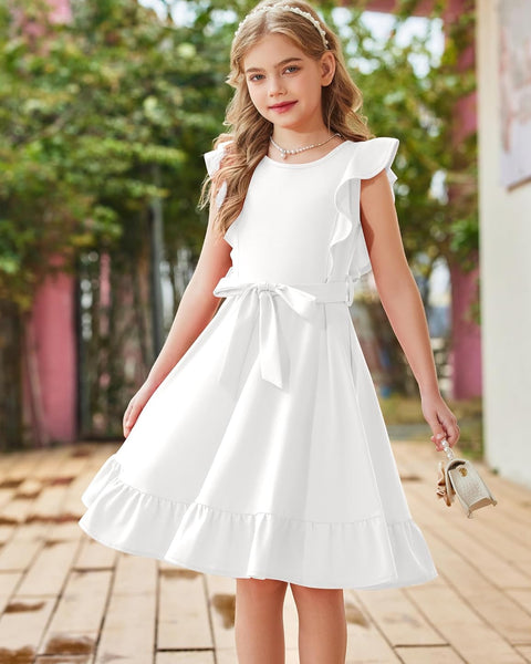 Arshiner Girls Belted Pockets Flutter Sleeve A-line Dresses