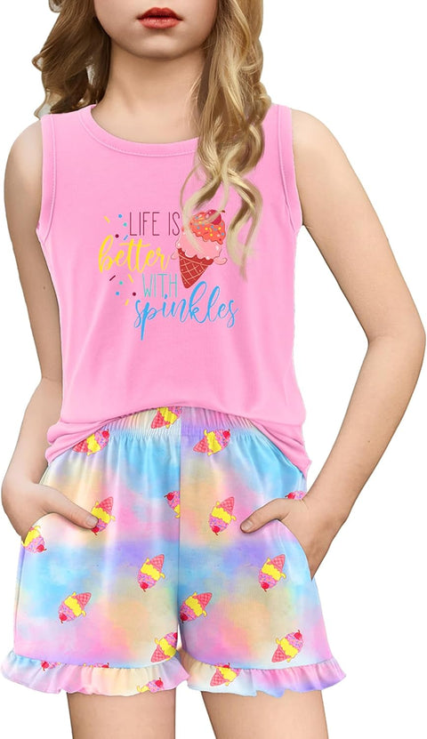 Arshiner Girls Pajamas Ruffle Sleepwear Tank Top and Shorts Set Pjs Outfit