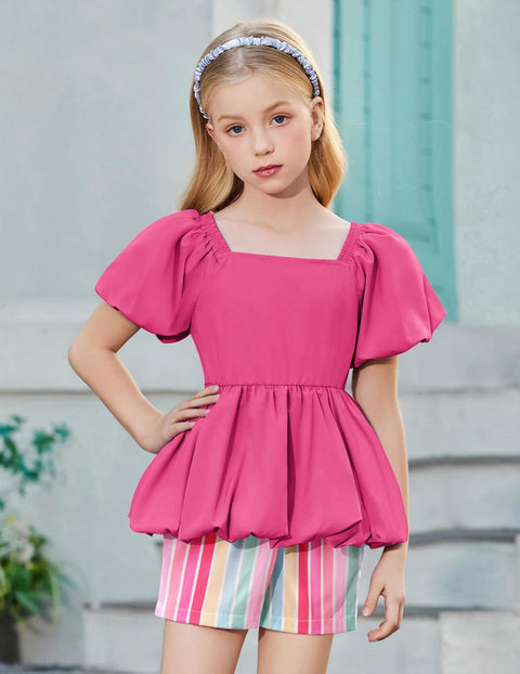 Arshiner Girls 2 Piece Sets Puffed Sleeve Bubble Hem Tops and Short Set