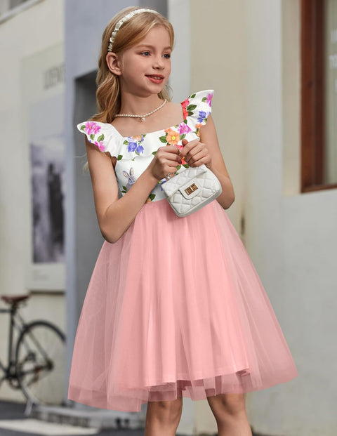 Arshiner Girls Dresses Square Neck Ruffle Sleeve Tulle Dress 6-14 Years
