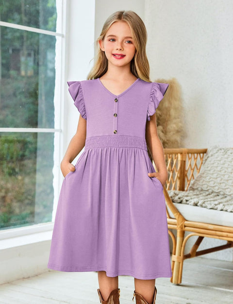 Arshiner Girls Dresses Ruffle Sleeve A-Line V-Neck Sundress
